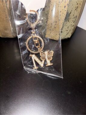 Gold Initial 'M' Crystal Keychain with Butterfly Charm